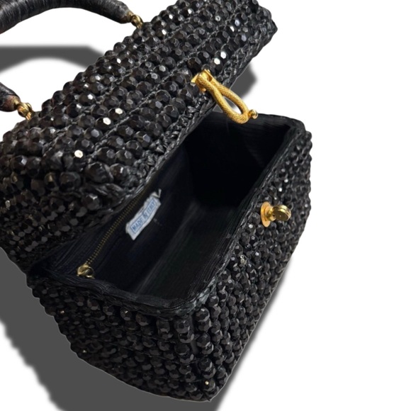 VINTAGE ANTIQUE black beaded box Style purse Elegant Black Beaded Handbag - Picture 3 of 10